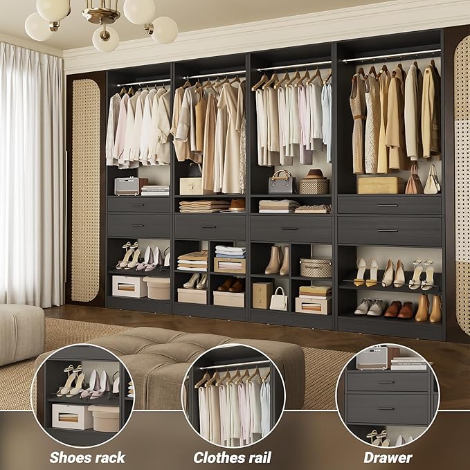 Unikito Closet System, 8.3FT Closet Organizer with 6 Wooden Drawers, Hanging Rods, Adjustable Shoe Rack and Cube Storage, Easy Assembly Wardrobe Tower, Set of 4, Black