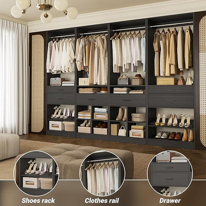 Unikito Closet System, 8.3FT Closet Organizer with 6 Wooden Drawers, Hanging Rods, Adjustable Shoe Rack and Cube Storage, Easy Assembly Wardrobe Tower, Set of 4, Black