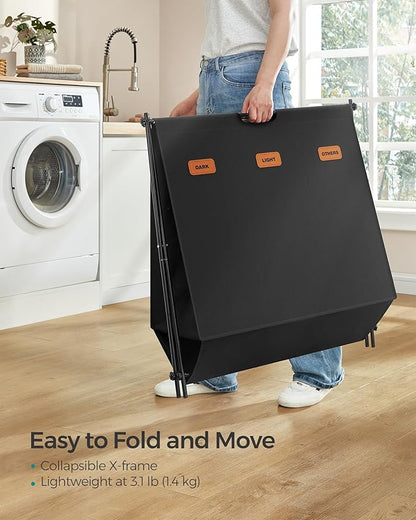 SONGMICS Laundry Hamper, Laundry Basket, 35.7 Gal. Laundry Sorter 3 Sections, Collapsible X-Frame, Clothes Organizer with Customizable Labels, Laundry Room, Bedroom, Bathroom, Ink Black ULCB130B01