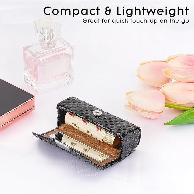Lipstick Case with Mirror, Diamond Pattern, Vegan Leather Lipstick Holder for One Tube, Slim Makeup Organizer for Travel & Quick Touch-Up (Black)