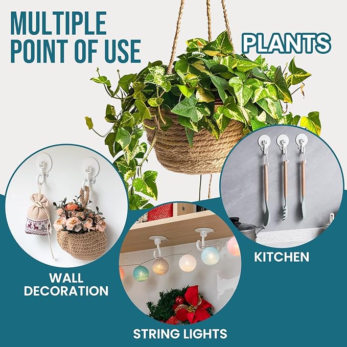 TAILI Adhesive Removable Wall & Ceiling Hooks for Hanging Plants, Heavy Duty No-Drill 360° Swivel Adjustable Sticky Wall Hooks Hanging Decor Lights Garland for Door Kitchen, Renter Friendly - 6 Pack
