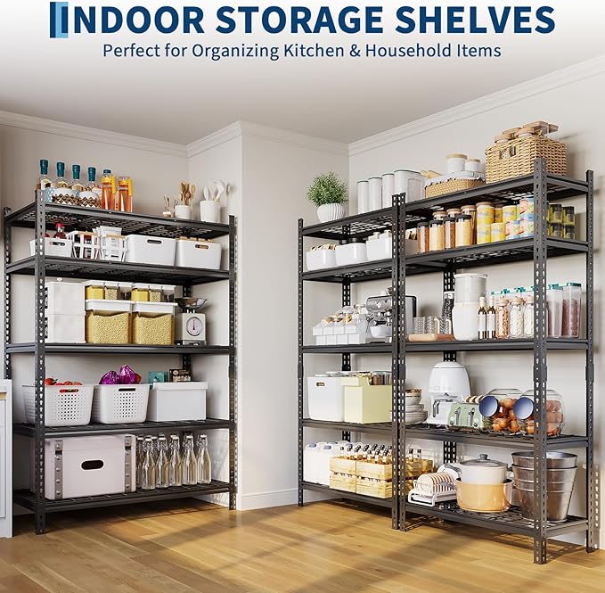Garage Shelving 2200 LBS Storage Shelves Adjustable Metal Shelving Unit Heavy Duty 5 Tier Metal Shelves for Garage Kitchen Pantry Warehouse Basement, 48" W × 24" D × 72" H