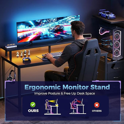 DUMOS L Shaped Gaming Desk with Shelves Storage Drawers 58'', Black Computer Desks with LED Lights Power Outlets, Office Wood Table with PC Stand Cable Management for Bedroom Dual Monitor Streaming
