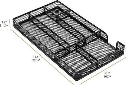 Annova Desk Drawer Organizer Tray for Office Organization - Metal Mesh - Storage Tray with Dividers for Pens, Desktop Accessories, Bathroom, Kitchen, Makeup and Office Supplies (Small, Black)