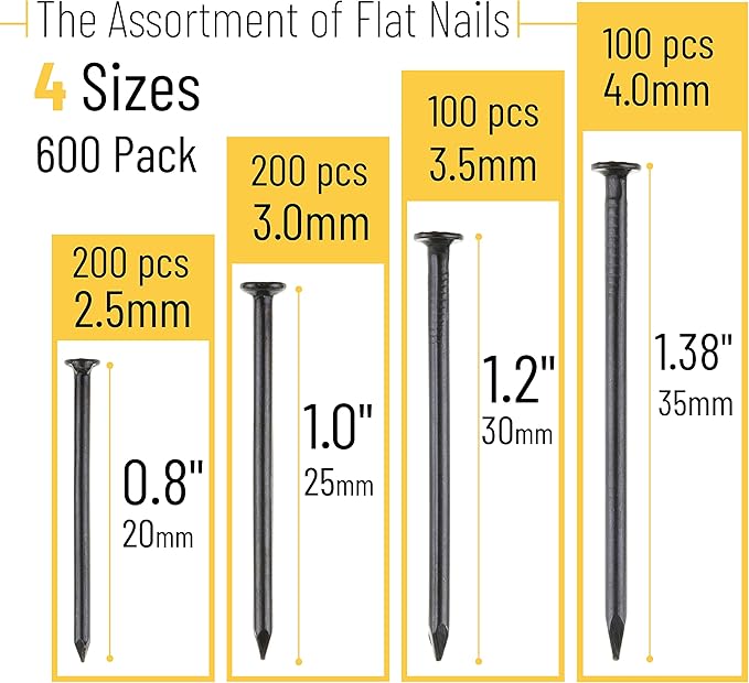Mr. Pen- Nail Assortment Kit, 600 Pcs, 4 Sizes, Black, Small Nails, Nails for Hanging Pictures, Finishing Nails, Wall Nails for Hanging, Pin Nails, Hardware Nails, Assorted Nails, Galvanized Nails