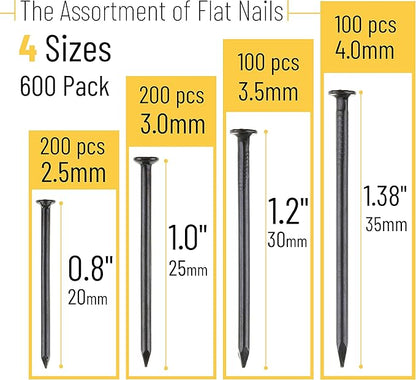 Mr. Pen- Nail Assortment Kit, 600 Pcs, 4 Sizes, Black, Small Nails, Nails for Hanging Pictures, Finishing Nails, Wall Nails for Hanging, Pin Nails, Hardware Nails, Assorted Nails, Galvanized Nails