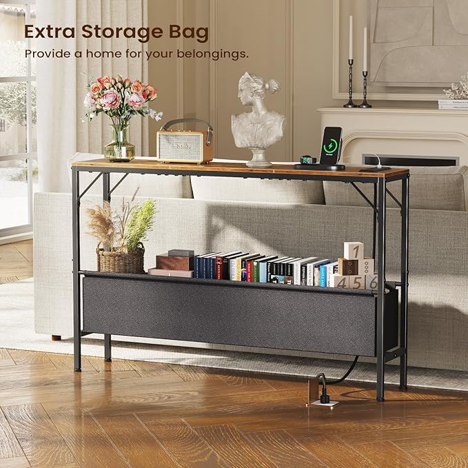 Console Table, Narrow Sofa Table, 47.2" Behind Couch Table with Power Station, Entrance Table, for Living Room, Hallway, Entryway, Foyer, Rustic Brown