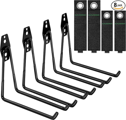4-Piece Garage Hooks Wall Mount Storage Hanger with 4 Extension Cord Holder Organizer, Heavy-Duty Steel, 7.5 inch Ladder Hooks for Garage Wall