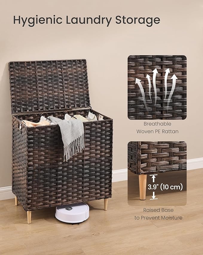 SONGMICS 3-Section Laundry Hamper with Lid, 42.2 Gal (160L) PE Rattan Laundry Basket with Removable Washable Liners, for Bedroom & Living Room, Chestnut Brown ULCB223ME01