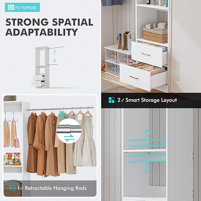11 Ft Expandable Closet System, 6.7 Ft High Wood Closet Organizer with 4 Drawers & 4 Hanging Rods, Modular Wardrobe Storage Rack with Adjustable Shelves for Walk-in Bedroom, White