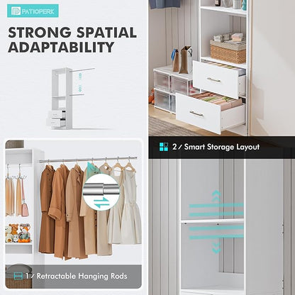 11 Ft Expandable Closet System, 6.7 Ft High Wood Closet Organizer with 4 Drawers & 4 Hanging Rods, Modular Wardrobe Storage Rack with Adjustable Shelves for Walk-in Bedroom, White