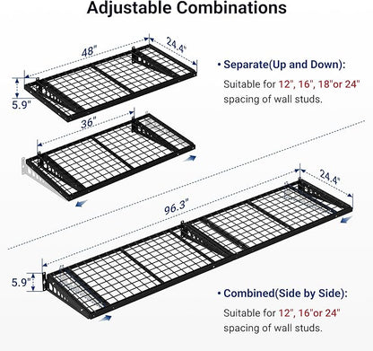 FLEXIMOUNTS 2 Pack 2x4ft Garage Storage 24x48 inch Heavy Duty Bike Wall Shelving Rack, 660lbs Total Weight Capacity, Black, Pro Series