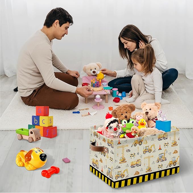 Construction Truck Basket - Excavator Storage Baskets Collapsible - Bulldozer Storages Bin Decor - Tractor Decor for Boys Room - Excavator Rectangle Baskets for Kids Clothes, Gifts, Books