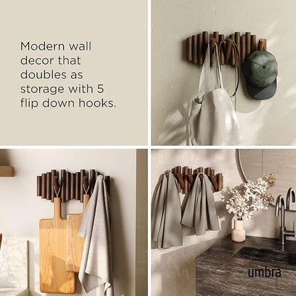 Umbra Picket Wall-Mounted Coat Rack Rail Hook with 5 Retractable Wood Pegs – Modern, Space-Saving Storage Organizer, Walnut