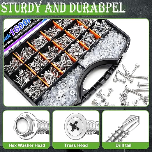 mxuteuk 1600PCS #8#10 Self Tapping Screws,410 Stainless Steel Self Drilling Screws for Metal,Truss Head & Hex Head 1/2" to1-1/4'' Self Tapping Screw for Plastic with 800PCS Washer
