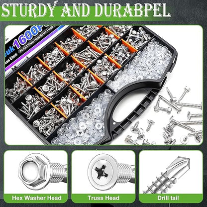 mxuteuk 1600PCS #8#10 Self Tapping Screws,410 Stainless Steel Self Drilling Screws for Metal,Truss Head & Hex Head 1/2" to1-1/4'' Self Tapping Screw for Plastic with 800PCS Washer