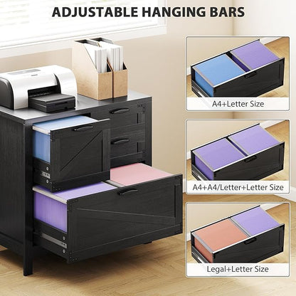 HOMCOM 4 Drawer File Cabinet, Farmhouse Lateral Filing Cabinet with Adjustable Hanging Rails for Letter/A4/Legal Size Files, Printer Stand for Home Office, Black