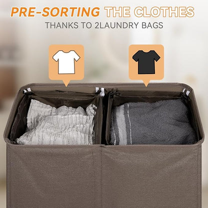 Chrislley 140L Laundry Hamper 2 Section, Double Laundry Basket with Lid, Large Dirty Clothes Hamper with Removable Liner Bags, Collapsible Laundry Organizer for Bedroom, Dorm,Brown