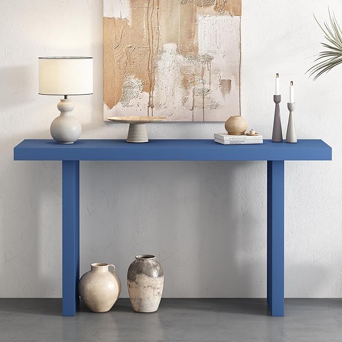 Uniquely Designed Oak Veneer Console Table, Modern Long Sofa Side Table with Distinctive Side Shapes, Suitable for Entryway, Hallway, Living Room, Foyer, Corridor,Easy Assembly (Navy Blue-RT41)