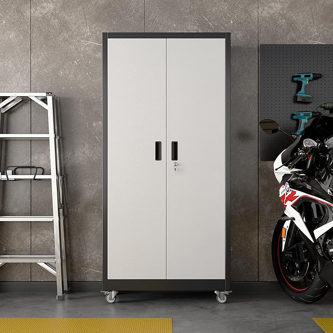 Aobabo Upgrade 71H''*32''W*16''D Metal Garage Storage Cabinet with Wheels and Pegboards, 5 Adjustable Shelves Steel Storage Cabinets for Home,Warehouse,Garage,Assembly Required,Black and Sliver