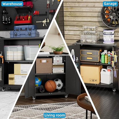 31.5" H Garage Storage Cabinet with Wheels, Lockable Small Metal Storage Cabinet with Doors and Shelf, Pegboard and 4 Hooks for Garage, Home, Workshops, Assembly Required, Black