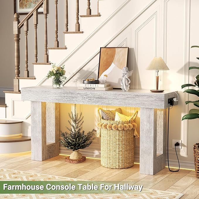 Unikito 63'' Farmhouse Console Table with Power Outlets and Sensor Light, Wooden Entryway Table with Storage, Rectangular Sofa Tables Behind The Couch for Entrance, Hallway, Living Room, White Oak