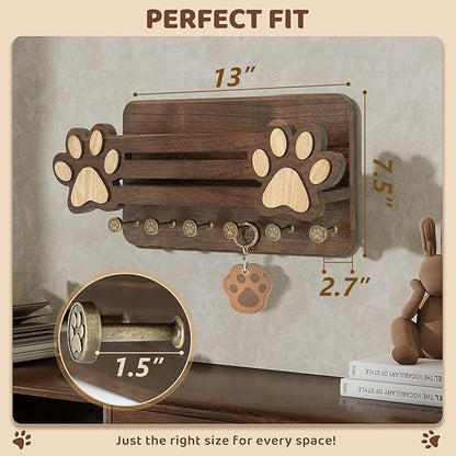MTERSN Acacia Wood Dog Leash Holder for Wall - Fun Paw Key Holder Wall Mount with Floating Shelf and 6 Hooks- Retro Mail & Dog Accessories Organizer for Room Decor(Dark Acacia Wood)