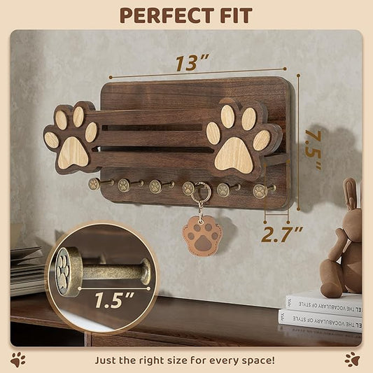 MTERSN Acacia Wood Dog Leash Holder for Wall - Fun Paw Key Holder Wall Mount with Floating Shelf and 6 Hooks- Retro Mail & Dog Accessories Organizer for Room Decor(Dark Acacia Wood)