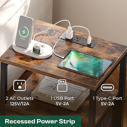 Huuger Nightstands Set of 2, End Tables with Charging Station, Fabric Drawers, Bedside Tables with USB Ports and Outlets, Night Stands for Bedroom, Rustic Brown