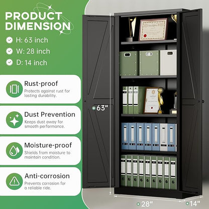 INTERGREAT Metal Storage Cabinet with Magnetic Doors, 63" H Modern Classic Style Metal Cabinets with 2 Doors and 4 Adjustable Shelves for Home Office, Kitchen, Bathroom (Black)