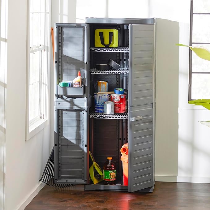 Gracious Living 3-Shelf Base Cabinet, MaxIt Lockable Utility Storage with Adjustable Shelves for Garage, Basement, Workshop, Grey - Large