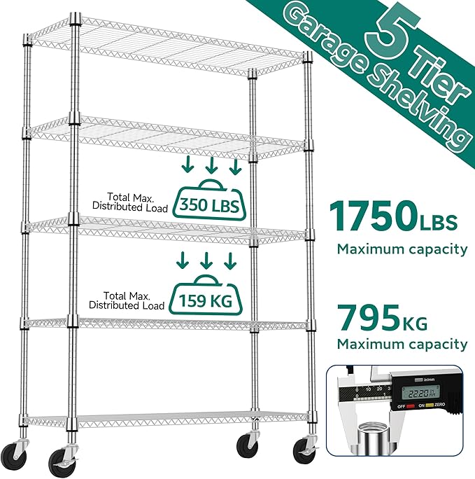 1750LBS 47.2" W 5 Tiers Storage Shelves Metal Shelving Unit with Wheels Heavy Duty Garage Shelving Adjustable Wire Shelves for Pantry,Kitchen,Garage,Basement,Chrome 17.7" D x 47.2" W x 76.8" H