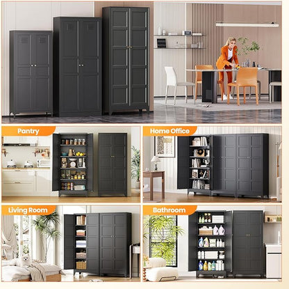 72" Tall Kitchen Cabinet Storage Unit With 2 Doors and 4 Adjustable Shelves, Metal Black Freestanding Cupboard, 5 Tier Kitchen Pantry Storage Cabinet for Kitchen Dining/Living Room/Garage/Home/Office