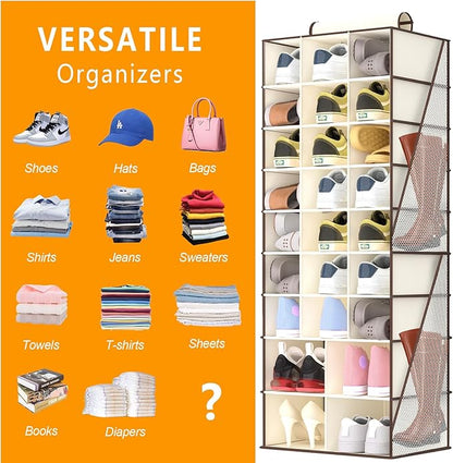 VERONLY Hanging Shoe Organizer for Closet-Collapsible Storage Rack with 25 Sections & 4 Side Pockets, Hanging Shoe Shelves for Hats,and Clothes, Beige