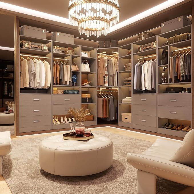 Corner Closet System with 12 Shelves, 39.2" Corner Closet Organizer System with 2 Hanging Rods, Versatile 6-Tier Walk-in Closets for Corner Space, Grey (39.2" L x 39.2" W x 80" H)