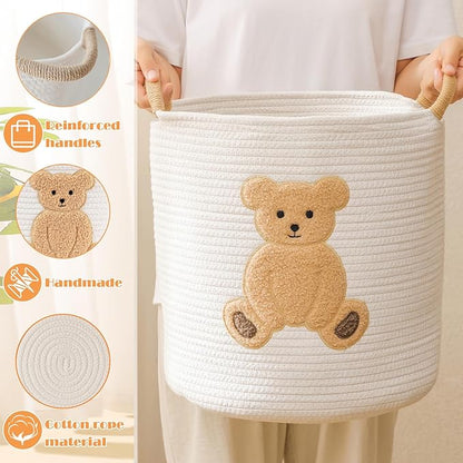Large Blanket Baskets for Living Room Decor, Toy Storage Baskets Woven Cotton Rope Teddy Storage Basket for Kids, Dog Toys Organizer Clothes Hamper with Embroidery Decor for Nursery (Large, Bear)