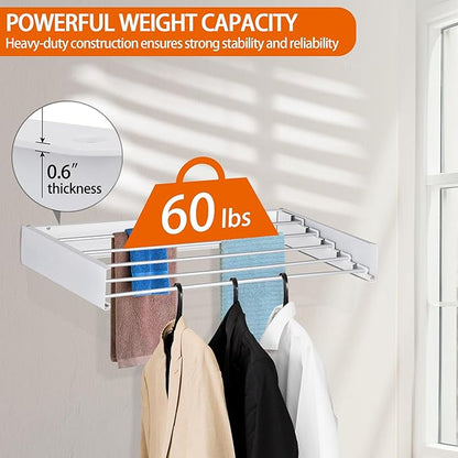 FOCHIER F Laundry Drying Rack Wall Mounted Clothes Drying Rack Collapsible with 4 Aluminum Rods and Drilling Template Long Screwdriver Bit 60 lbs Capacity (White, 23.6")