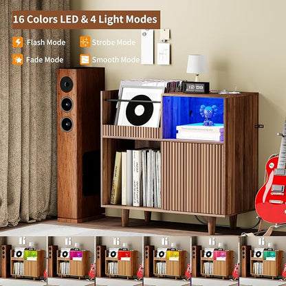 Large Record Player Stand with Power Outlets & LED Lights, Record Player Table Cabinet with Vinyl Record Storage Holds up to 300 Albums, Turntable Stand for Living Room, Bedroom