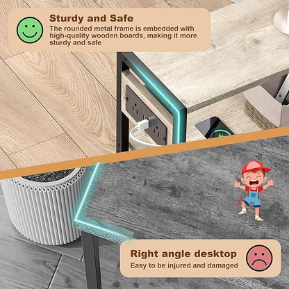 Small Narrow Side Table with Charging Station, Skinny End Table for Small Spaces, Slim Nightstand with Outlets, Sofa Bedside Table in Living Room, Bedroom, Kitchen and Balcony (Greige)