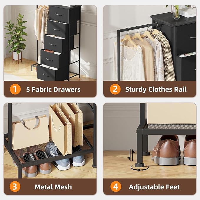 Somdot Dresser with Hanging Rack, 5 Drawers Small Closet for Bedroom, Reversible Dresser with Clothes Rack, Kids Dressers for Bedroom Chest of Drawers, Tall Storage Tower, Black