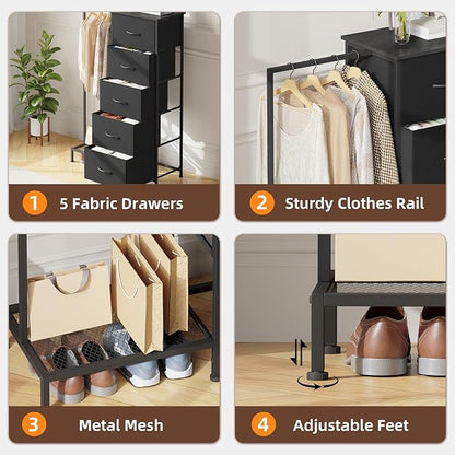 Somdot Dresser with Hanging Rack, 5 Drawers Small Closet for Bedroom, Reversible Dresser with Clothes Rack, Kids Dressers for Bedroom Chest of Drawers, Tall Storage Tower, Black