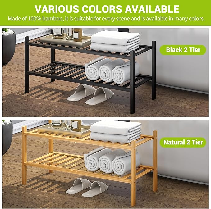 BMOSU 2-Tier Bamboo Shoe Rack Premium Stackable Shoe Shelf Storage Organizer for Hallway Closet Living Room Entryway Organizer (Black Bamboo)