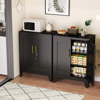 Black Metal File Cabinet with Lock (Two Units), Steel Storage Cabient with 2 Doors and 2 Adjustable Shelves, Multifunctional Locked Cabinet for Home/Office/Garage/Tool Room, Accent Furniture