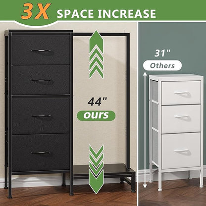 Dresser with Hanging Rack, 4 Drawers Small Closet for Bedroom, Reversible Fabric Kids Chest of Drawers with Clothes Rack, Tall Storage Tower, Sturdy Frame, Black, 44''H