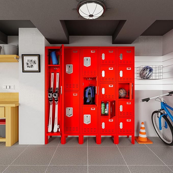 Metal Storage Locker with Lock & Card Slot Locker - Secure Lockable Door - Steel Locker for School, Office, Gym, Home - 66.15" H x 11.8" W x 11.8" D（2 Door, Red）