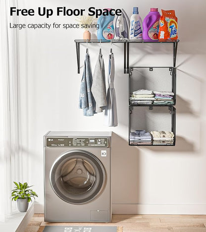 2 Pack Laundry Room Shelves Organization and Storage,Wall Mounted Clothes Drying Rack with Wire Mesh Basket Over Washer and Dryer, (Black, 2 Pack)