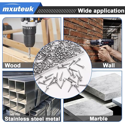 mxuteuk #8×1" Self Tapping Screws,410 Stainless Steel Self Tapping Screws for Metal,Self Drilling Screws,Hex Washer Head Sheet Metal Screws Suitable for Wood, Metal or Tough Materials(170PCS)