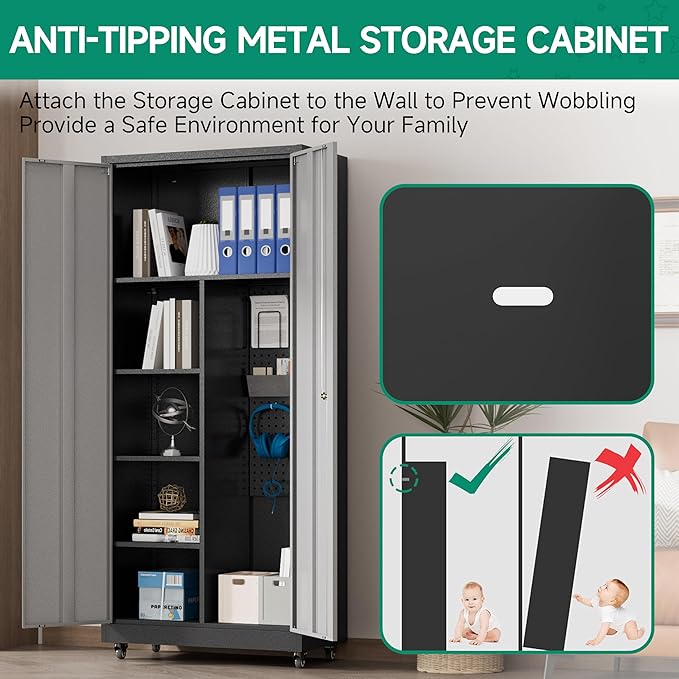 Metal Garage Storage Cabinet with Locking Doors and Adjustable Shelves, Rolling Tool Storage on Wheels - Black Gray
