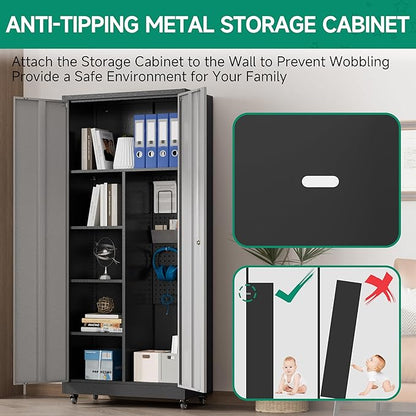 Metal Garage Storage Cabinet with Locking Doors and Adjustable Shelves, Rolling Tool Storage on Wheels - Black Gray