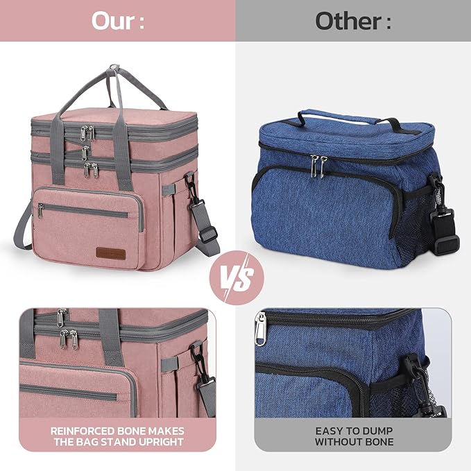 Maelstrom Lunch Bag Women,23L Insulated Lunch Box For Men Women,Expandable Double Deck Lunch Cooler Bag,Lightweight Leakproof Lunch Tote Bag With Side Tissue Pocket,Pink